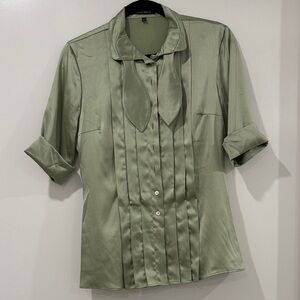 Chic Mint Green Satin Blouse with Tie Collar